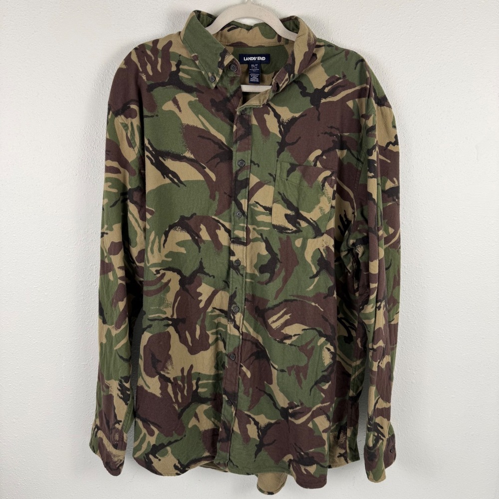 Lands End Mens XLT Traditional Fit Camo Button Down Shirt Long Sleeve Casual EUC